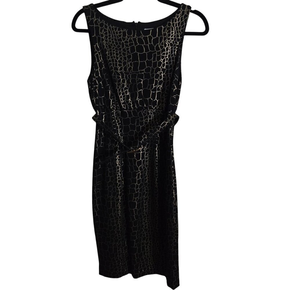 Cache Vintage Y2K Black Gold Metallic Crackle Giraffe Print Sheath Dress Size 8